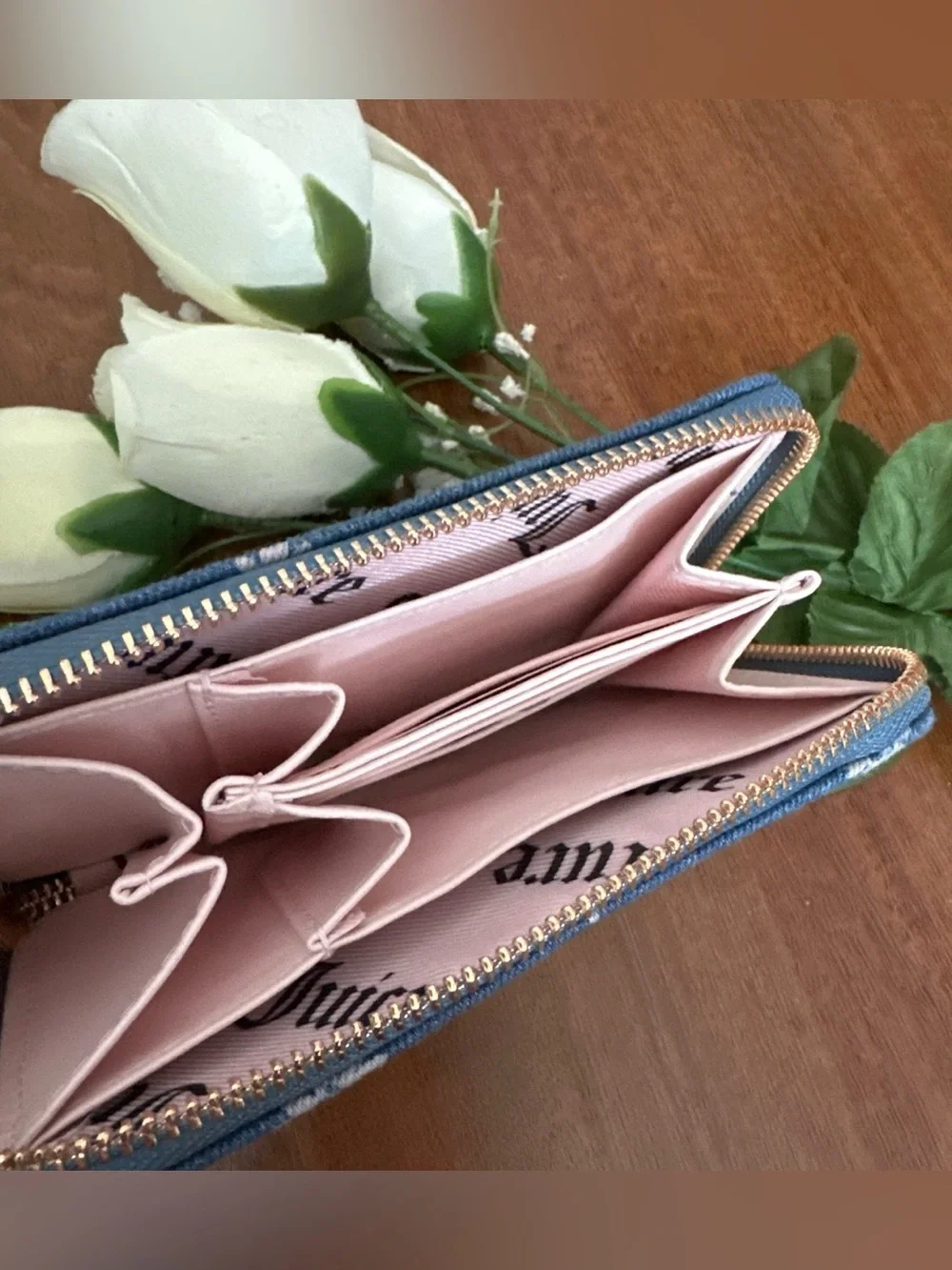 Juicy Couture Denim Blue Daisy Zip-Around Wallet with Pink Logo